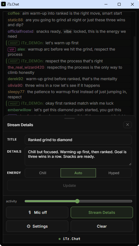 The iTz.Chat Stream Details panel with a title, details and energy setting
