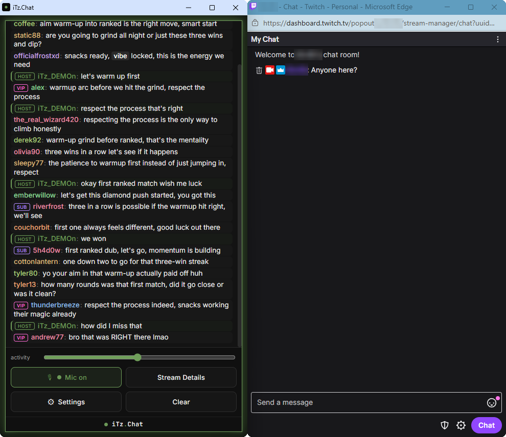 The iTz.Chat window full of on-topic reactions next to an empty real stream chat